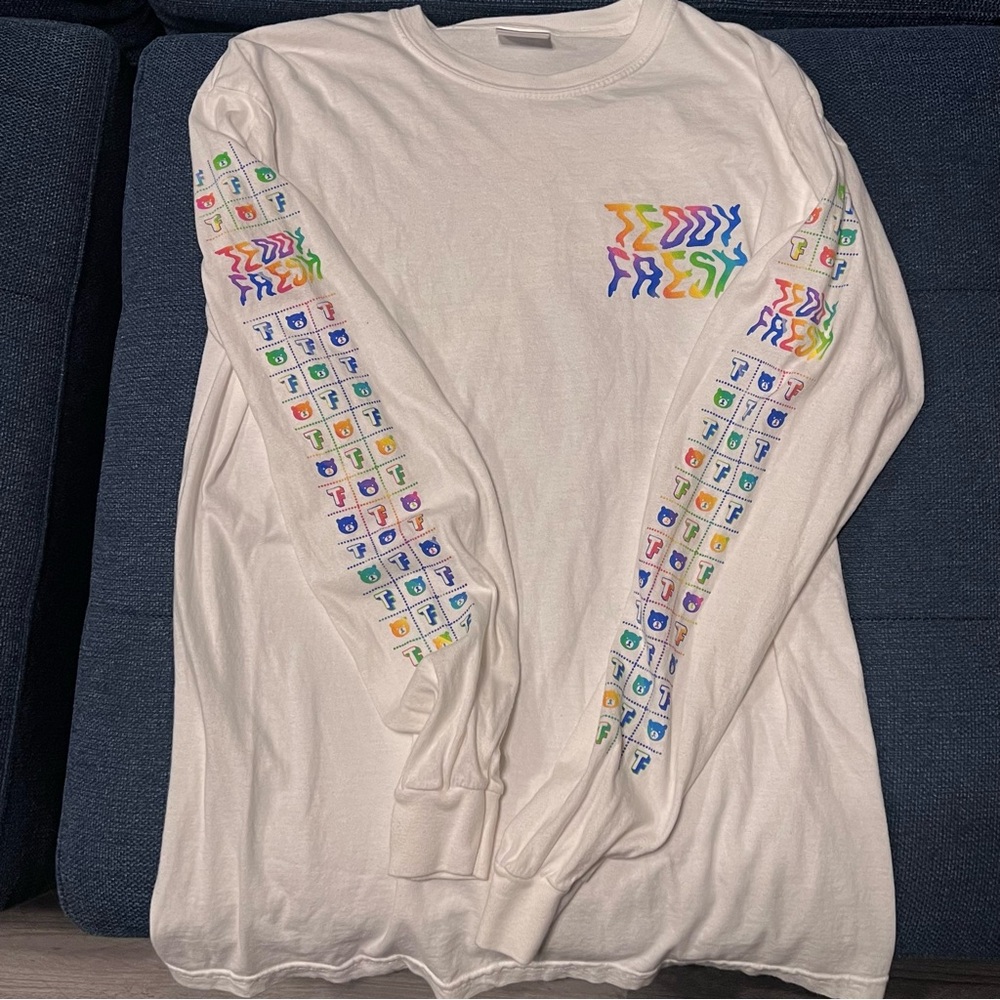 Teddy Fresh Long Sleeve Spellout Logo T Shirt White Rainbow Size medium - Picture 8 of 10